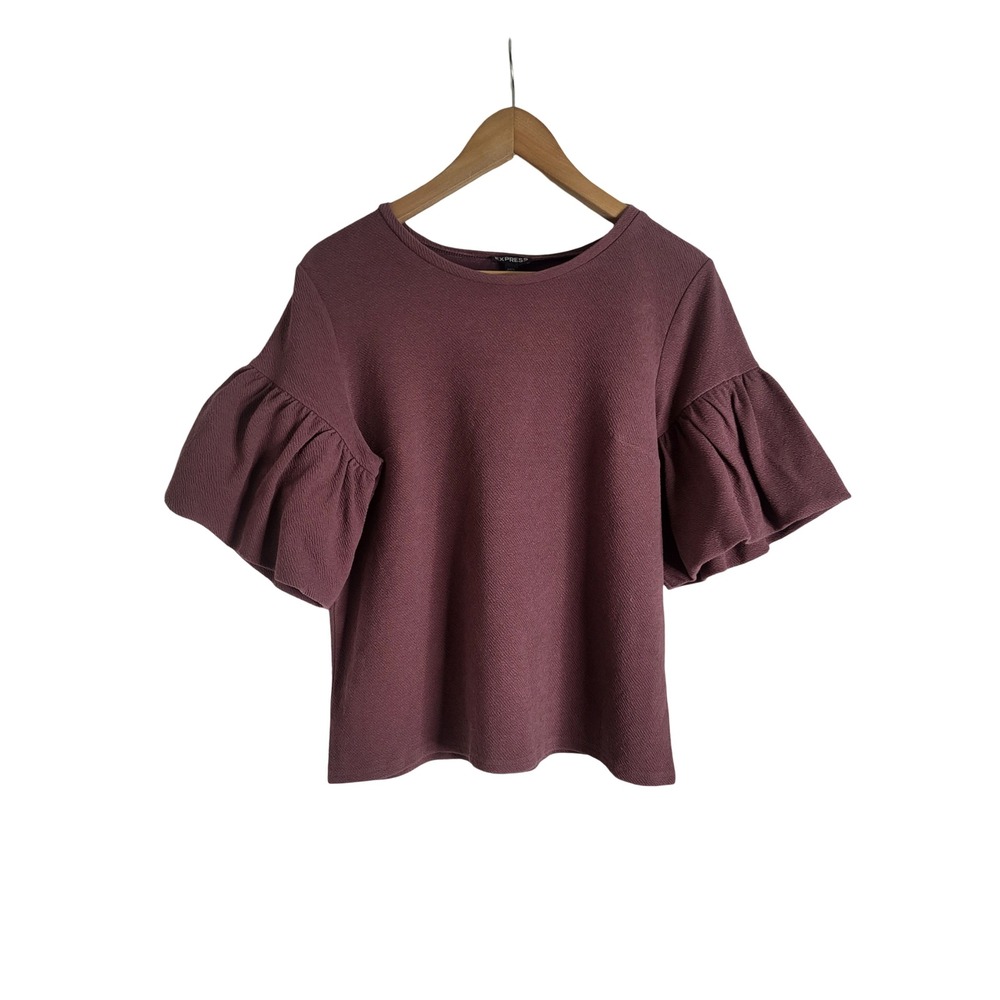 Express Textured Puff Bell Sleeve Blouse Plum Mauve Crewneck Top Size M Party